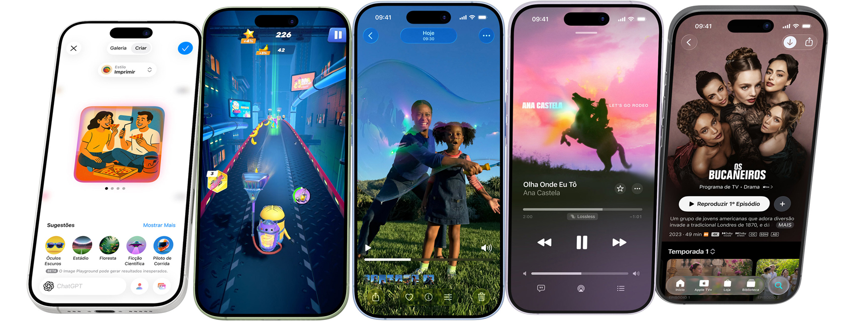 Cinco iPhones exibindo apps, jogos, fotos, música e streaming